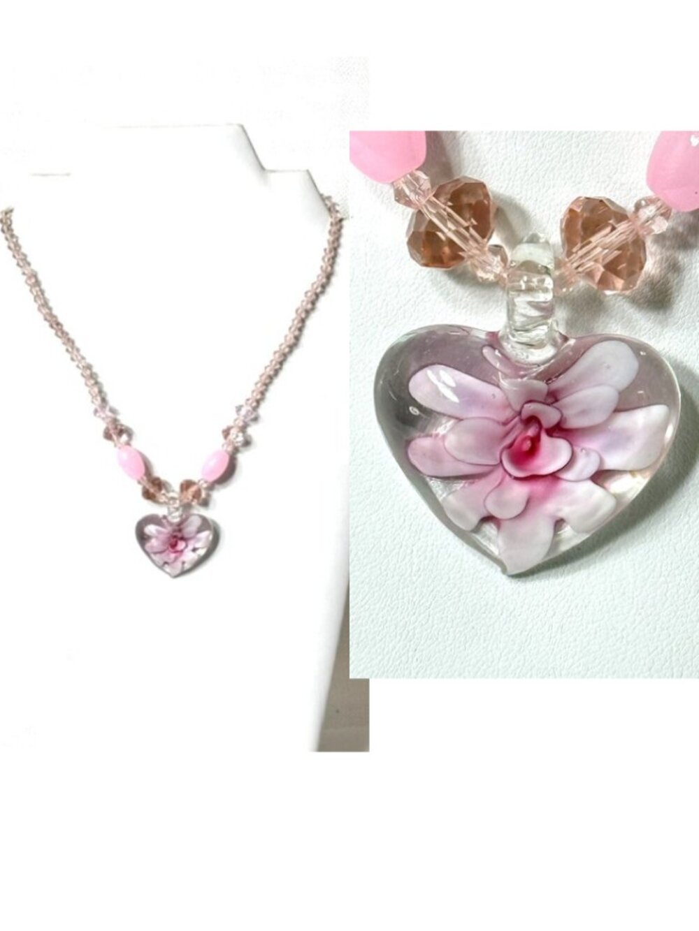 Pink 16" Italian dichroic glass heart necklace with pendant.